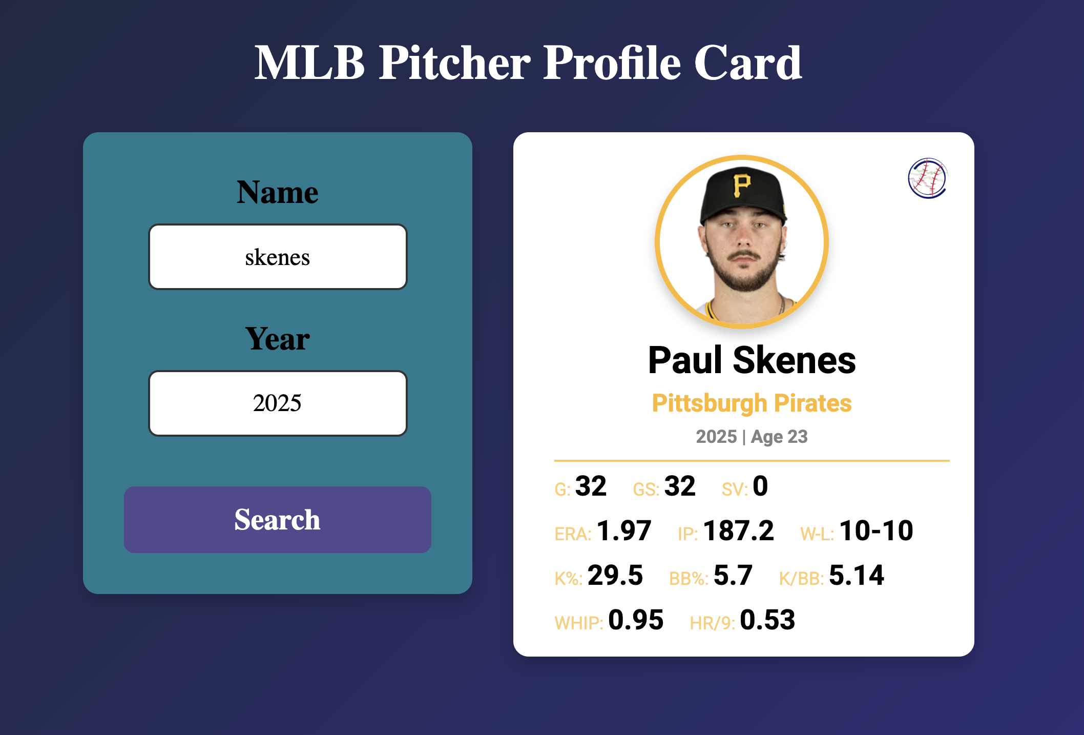 pitcher profile card display, with an input box on the left and Paul Skenes' 2025 season loaded, showcasing his ERA, IP, and other stats